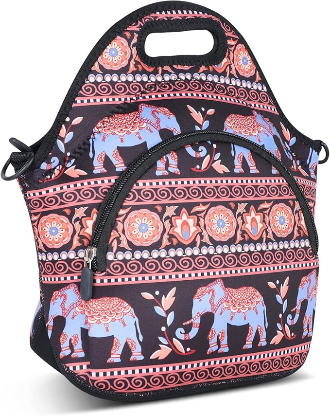 Violet Mist Neoprene Lunch Bag with Pocket Shoulder Strap for Women Men - Elephant Food Handbag Tote