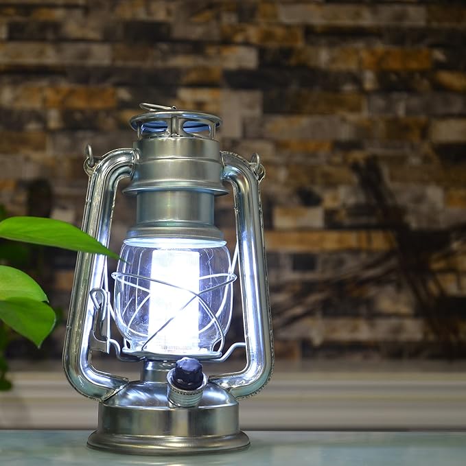 YAKii LED Vintage Metal Hanging Hurricane Lantern - 12 LED Dimmer Switch, Cold White Battery Operated Lantern for Power Outage, Indoor Camping, Outdoor Decoration (Silver)