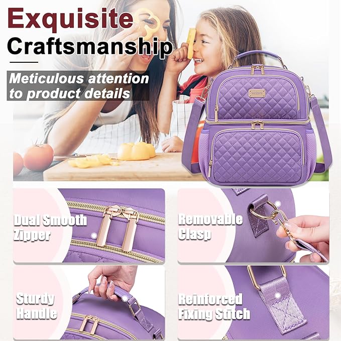 Weitars Lunch Bag for Women,Dual Compartment Lunch Box for Women Lunch Tote for Work,Insulated Leakproof Lunch Cooler Bag with Side Pockets and Adjustable Strap for Hiking,Picnic,Beach