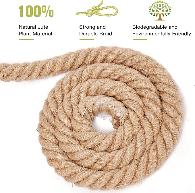 Jute Rope 1 1/2 Inch 50 Feet, Heavy Duty Natural Hemp Ropes, Twisted Hemp Rope for Crafts, Gardening, Bundling, Climbing, Hammock, Nautical, Tug of War, Railings, Home Decorating