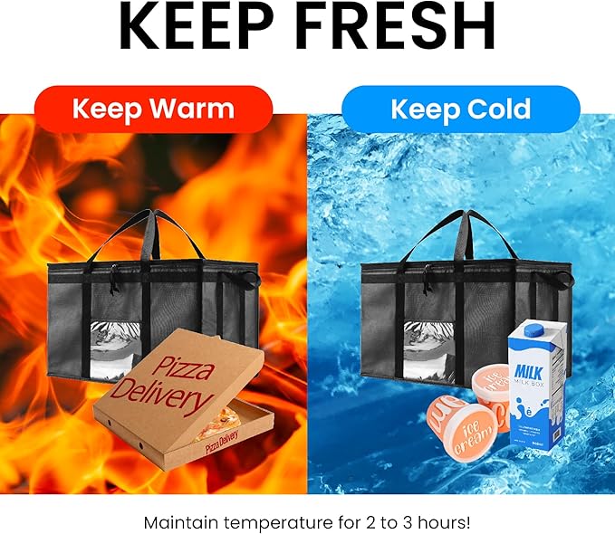 3XL Insulated Cooler Bag and Food Warmer for Delivery & Grocery Shopping with Zippered Top, Black (1 Pack)