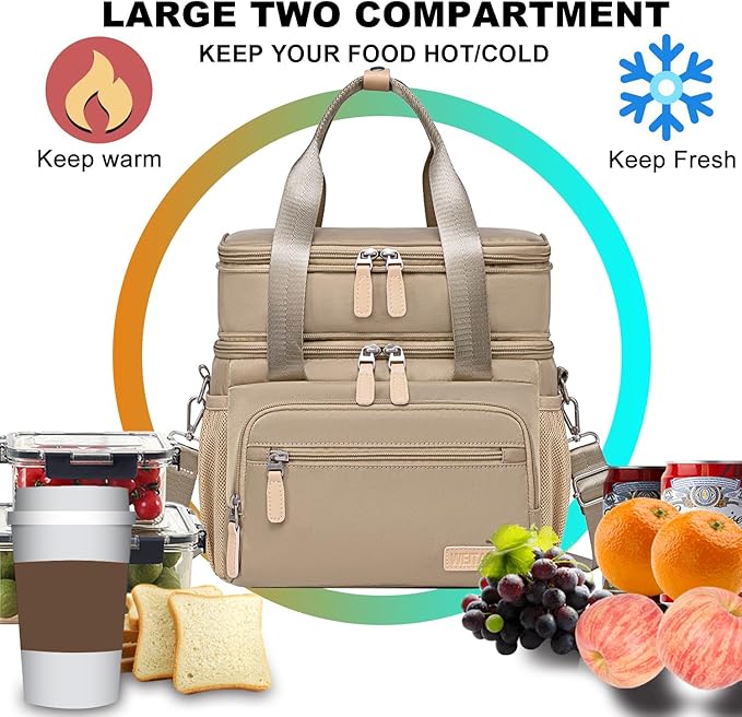Weitars Insulated Lunch Box for Women Men-Dual Compartment Waterproof Reusable Large Lunch Bag Wide-Open Tote Cooler Bag for Working Picnic Hiking (15L) (Kahki)