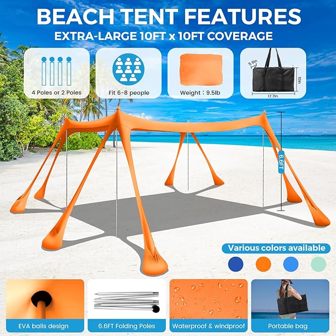 Large Beach Tent Canopy Pop Up Shade 10x10ft Sun Shelter Portable with UPF50+ UV Protection 8 Sandbags 4 Aluminum Poles 2 Sand Shovel Ground Pegs Carrying Bag for Outdoor Camping Fishing Yard Picnics