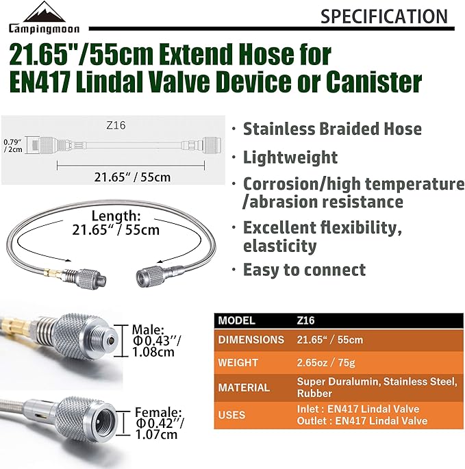 CAMPINGMOON 21.65-inch Multi-function Gas Hose for EN417 Lindal Valve Screw-on Type Canister and Device Z16