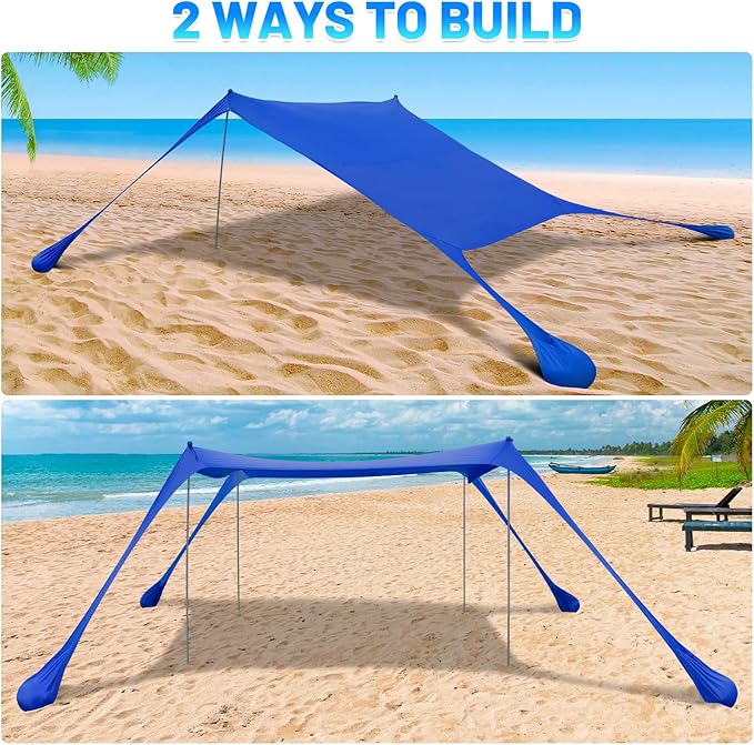 BOTINDO Family Beach Tent Canopy Sun Shade, Pop Up Grande Beach Tent Sun Shelter Stability 4 Poles with Portable Carry Bag Outdoor Shade for Fishing Backyard Camping (Blue, 10x10FT 4Pole)