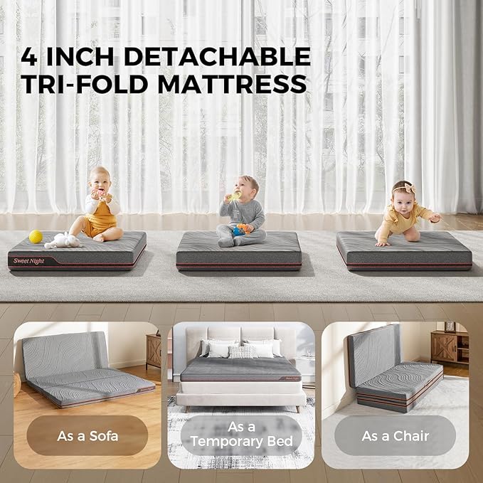 Sweetnight 4 Inch Folding Mattress - Single Size Trifold Mattress Grey with Breathable Cover & Non-Slip Bottom| Portable Floor Mattress for Camping,Travel,RV,Guest Room