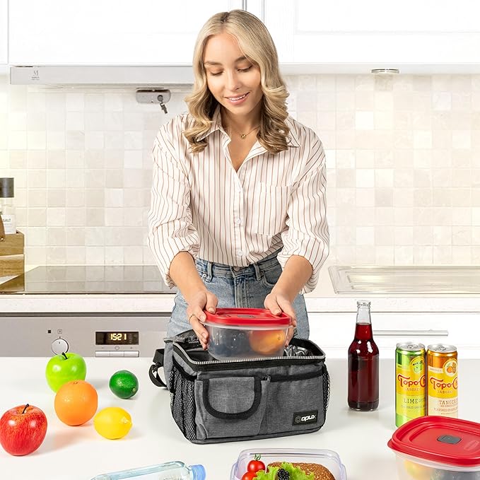 opux Lunch Box for Men, Adult Lunch Box Cooler, Insulated Lunch Bag Women, Dual Compartment Lunchbox for Work, Leakproof Double Decker Lunch Bag, Soft Lunch Pail Tote Boys Girls Kids School, Gray