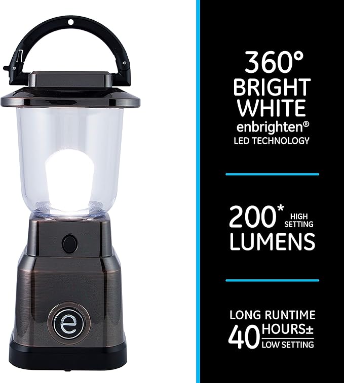 Enbrighten LED Mini Lantern, Battery Operated, Bright White, 200 Lumens, 40 Hour Runtime, 3 Light Levels, Ideal for Outdoors, Camping, Hurricane, Storm, Tornado & Emergency, Bronze, 36578