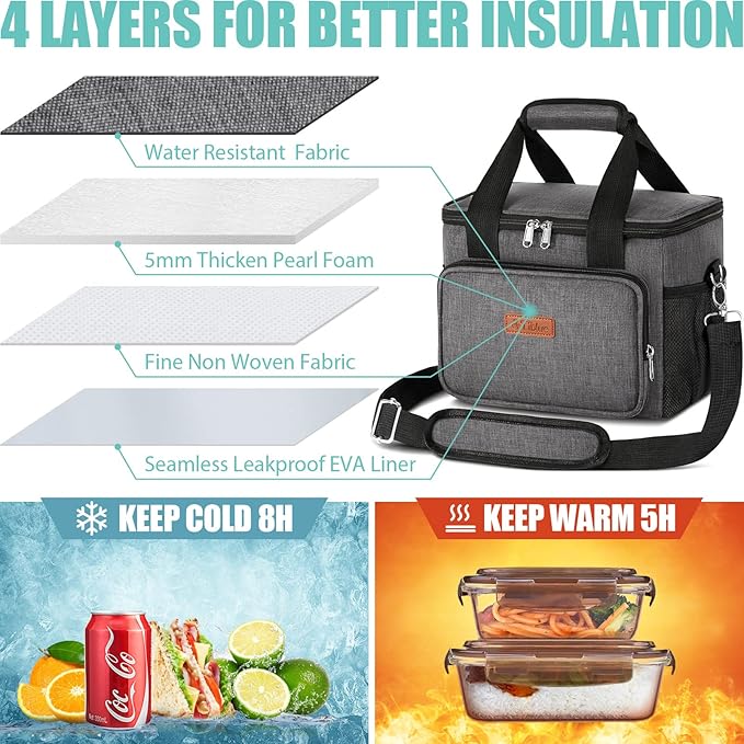 Tiblue Insulated Reusable Lunch Box for Office Work School Picnic Beach, Leakproof Freezable Cooler Bag with Adjustable Shoulder Strap (Medium, Dark Grey)