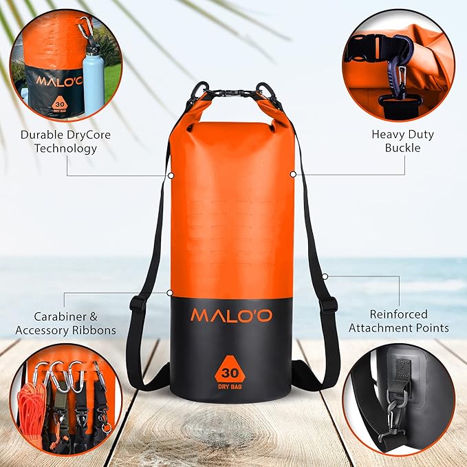Malo’o 30L Heavy Duty 100% Waterproof Roll-Top Dry Bag Backpack – Keeps Gear Dry for Fishing, Rafting, Kayaking, Beach, Boating, Hiking, and Camping - Travel Safe - Easy To Use Dry Bag Backpack