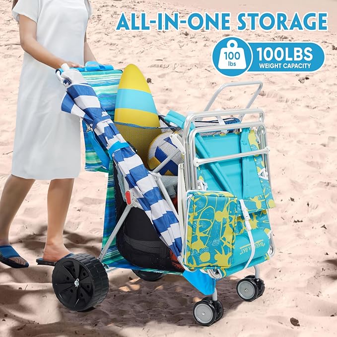 Beach Cart with Big Wheels for Sand, Collapsible All-Terrain Beach Wagon with Cooler Bag & Umbrella Holder, Large Mesh Storage, Supports 100lbs for Camping, Outdoor, Shopping, Blue