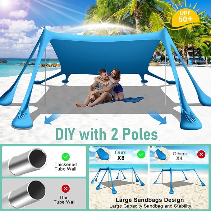 Beach Tent Sun Shelter Beach Canopy Tent Sun Shade Pop Up 10x10 UPF50+ with 8 Sandbags-2 Sand Shovel-Portable 4 Aluminum Poles-Ground Pegs-Easy Setup for Outdoor Family Camping Fishing Picnic