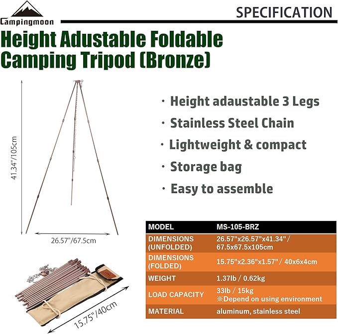 CAMPINGMOON Camping Campfire Tripod with Carrying Bag Portable Lightweight Aluminum 41.3-inch Height Stainless Steel Chain