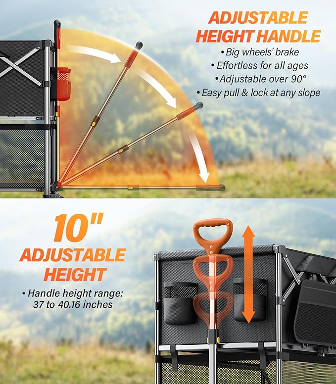 Collapsible Wagon Double Decker,Wagons Carts Foldable,Heavy Duty Wagon Camping Sports Garden Grocery,Utility Wagon for All Terrain Black