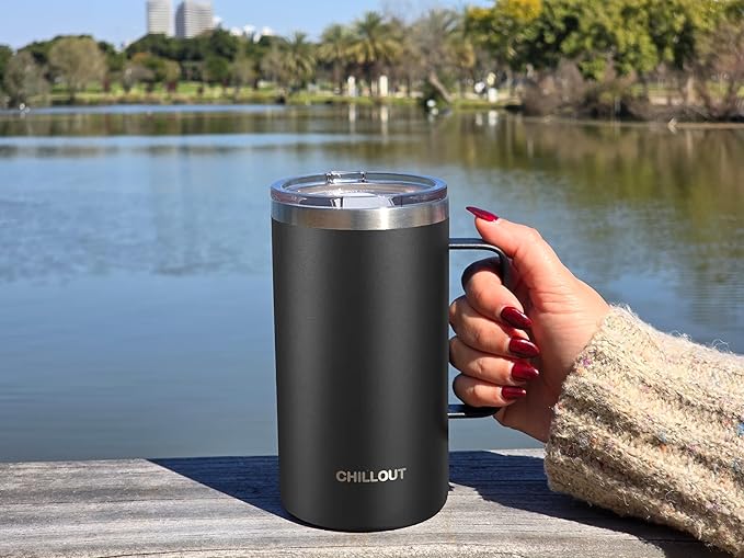 CHILLOUT LIFE Stainless Steel Vacuum Insulated Coffee Mug 16 oz (Set of 2) with Handle and Lid, Large Thermal Camping Coffee Mugs with Sliding Lid for Men & Women, Keeps Your Beverages Hot & Cold