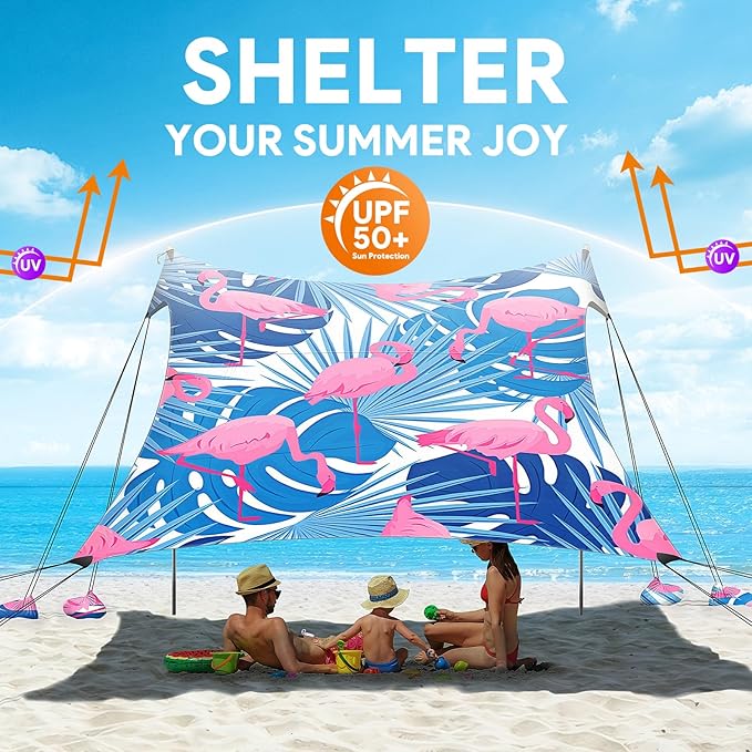 Beach Tent Sun Shelter, 10 x 10 FT Beach Canopy Tent Sun Shade, UPF50+ Beach Tent Canopy with 8 Sandbags & 4 Stability Poles, Outdoor Beach Tent for Beach Camping Fishing, Flamingo