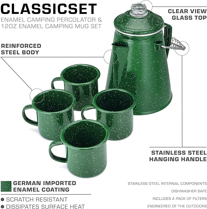 COLETTI Classic Enamel Set Coffee Percolator & Mugs — The Most Nostalgic Camping Coffee Pot, Now Modernized [Green Enamel, 12 Cup Percolator Coffee Pot & Set of 4 Mugs]