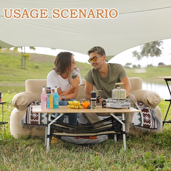 KingCamp Bamboo Folding Table Camping Table with Large Storage Bag Adjustable Height Aluminum Legs Heavy Duty 176 lbs 4-Fold Portable Camp Tables for Travel, Picnic, RV, 4-5 People