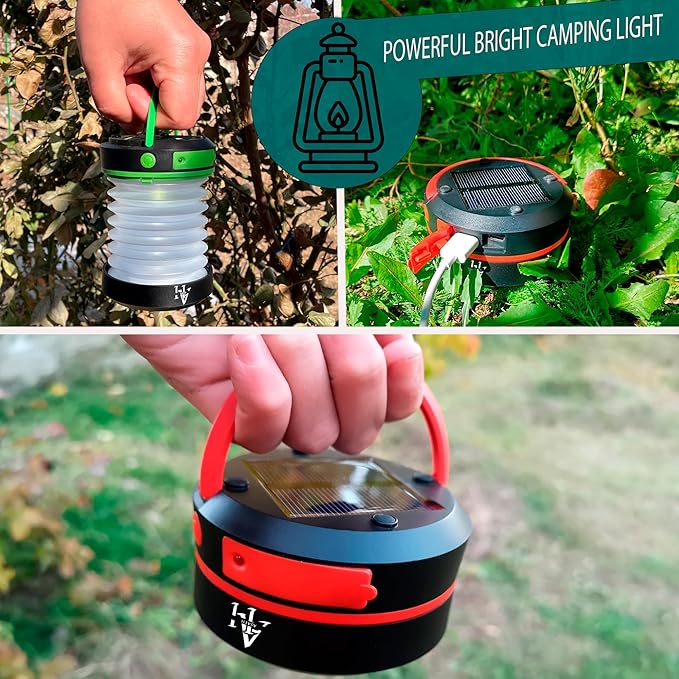 Solar Camping Lantern - LED Lanterns for Power Outages, Camping Lights, Emergency Flashlight - Collapsible Lamp, Rechargeable W/ Solar or Plug