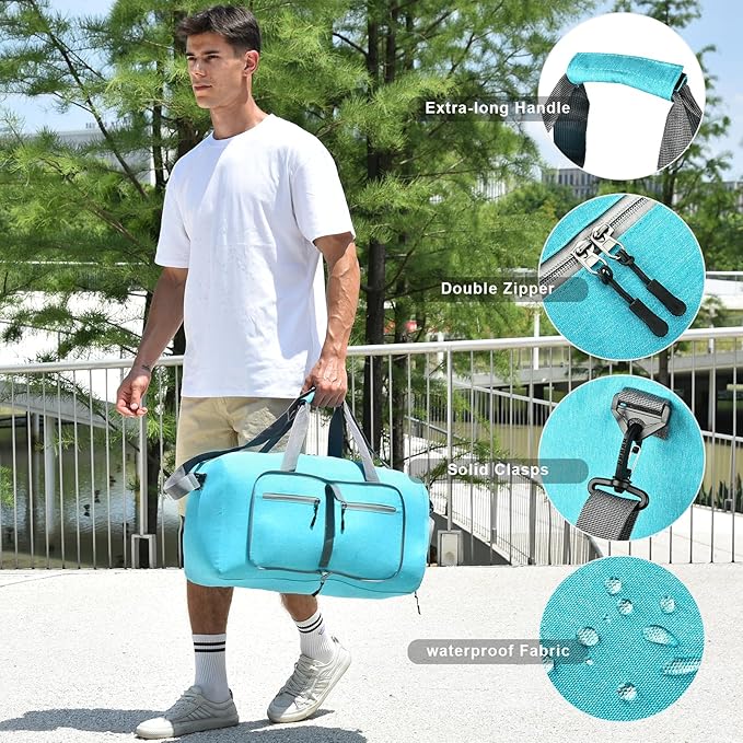 Dimayar 65L Travel Duffle Bag for Men Women - Foldable Duffel Bag with Shoes Compartment - Overnight Bags Waterproof & Tear Resistant(Mint Green)
