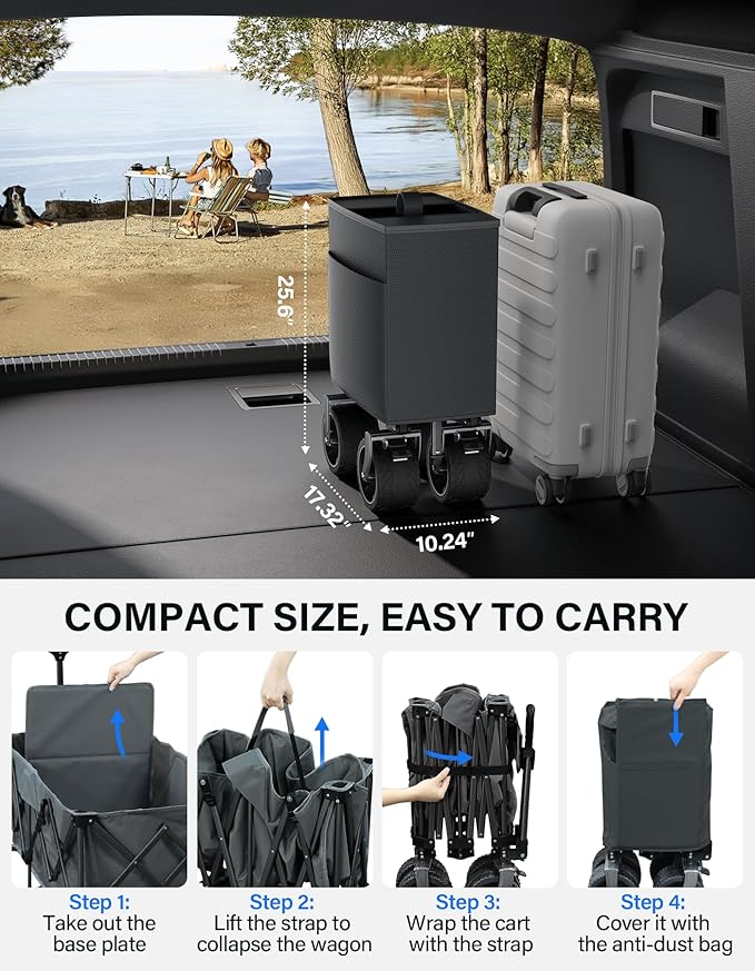Collapsible Wagon, 440lbs Wagons Carts Foldable with Big Wheels, Heavy Duty Utility Folding Wagon for Garden Camping Grocery Beach-Dark Gray