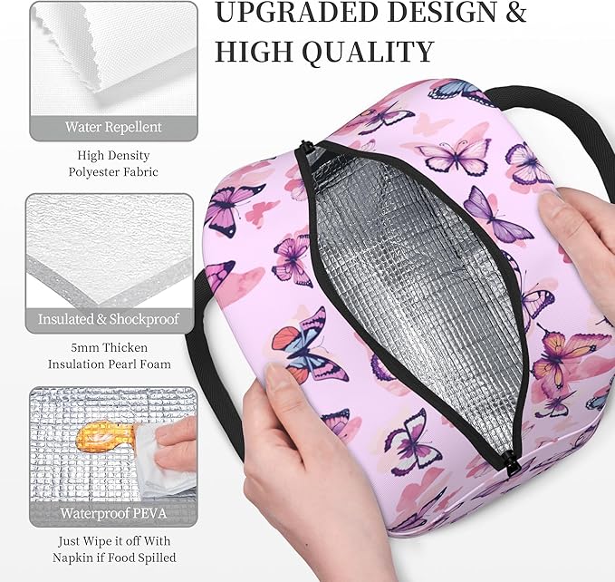 Pink Butterfly Lunch Bag Lunch Box for Women Men Boys Girls, Reusable Insulated Lunch Tote Bag, Leakproof Thermal Cooler Sack Food Handbags High Capacity for Work School Picnic Camping Gifts