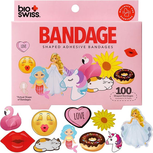 BioSwiss Bandages, Assorted Animal, Fun and Food Shaped Self Adhesive Bandage for Girls, Latex Free Sterile Wound Care, 100 Count