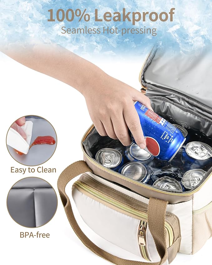 LOKASS Lunch Bag for Women/Men Work, 16L Expandable Double Deck Lunch box, Waterproof Leak-proof Cooler Bag, Portable Meal Prep Lunchbag with Adjustable Shoulder Strap - Brown