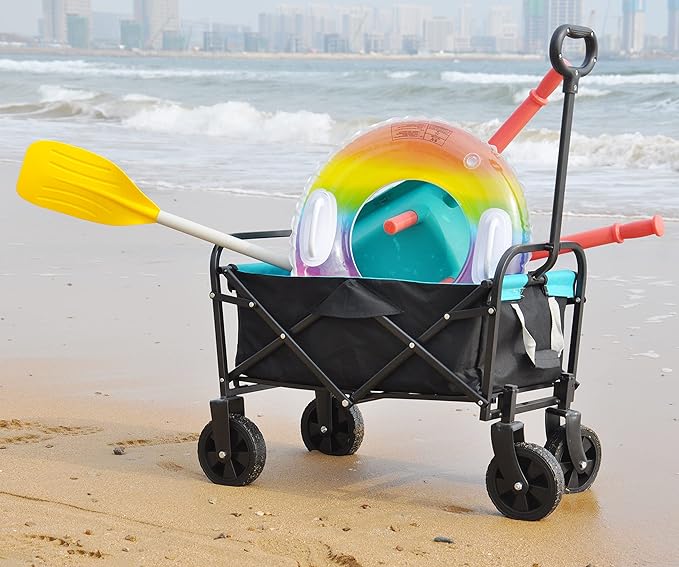 Collapsible Folding Wagon Garden Shopping Beach Cart,Heavy Duty Utility Buggy with Big Wheels,Adjustable Handle and Cup Holder,for Sand,Camping,Outdoor,30.31",Black