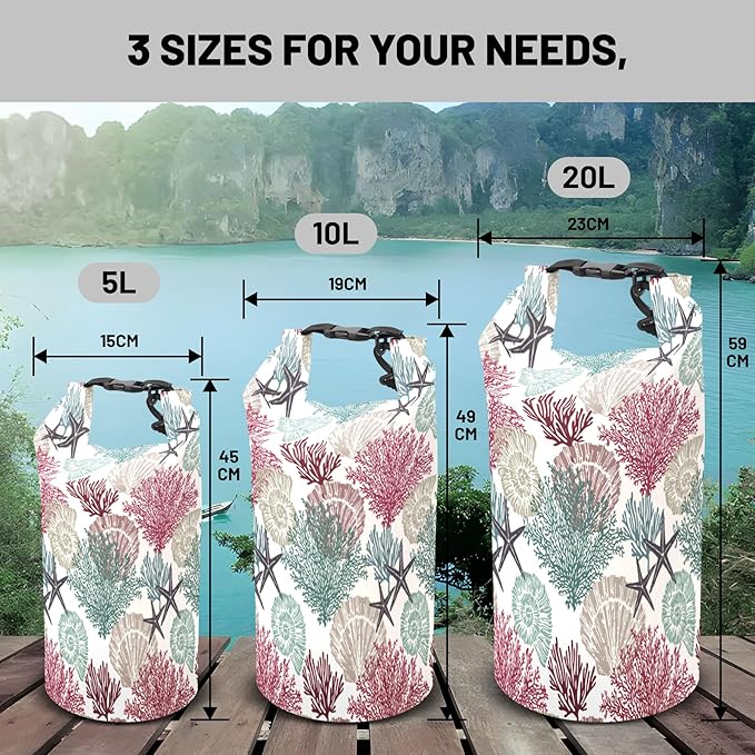 Waterproof Dry Bag,Roll Top Coastal Summer Beach Coral Starfish Waterproof Backpack 5L/10L/20L Floating and Lightweight Bags for Kayaking, Boating, Fishing, Swimming and Camping