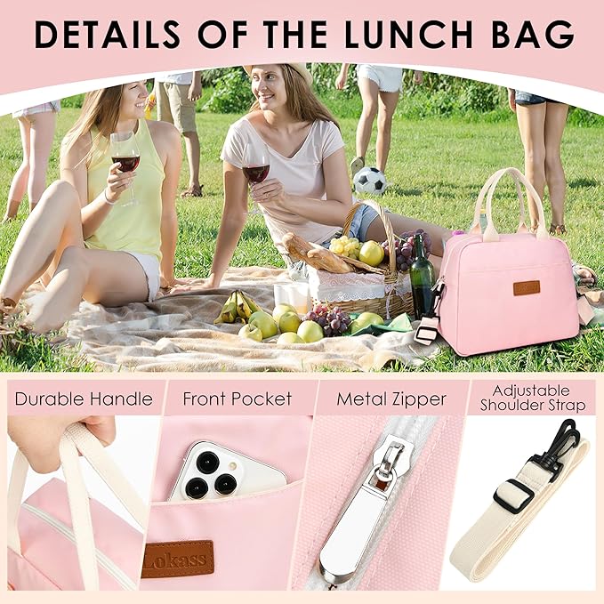 LOKASS Lunch Bag for Women-Insulated Adults Lunch Box with Front Pocket- Small Cute Lunch Tote for Work-Reusable Cooler Bag for Office Picnic Beach or Travel（pink）
