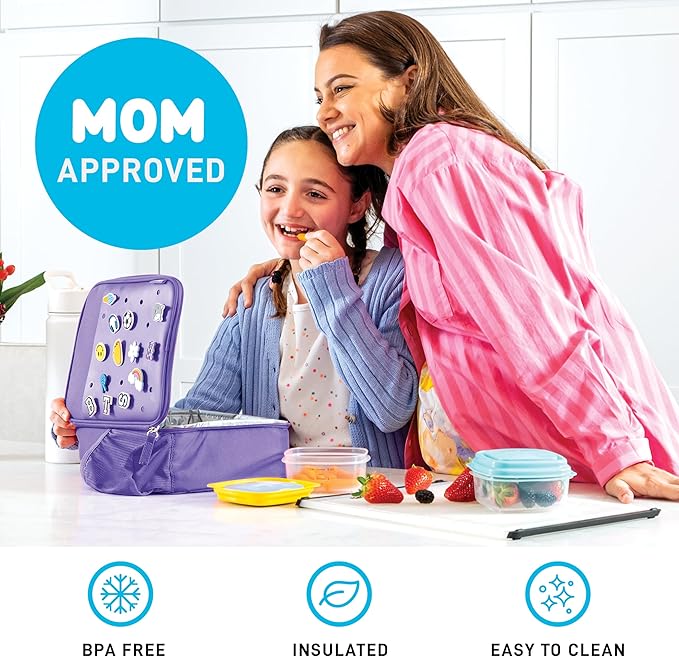 Fit & Fresh Charm Lunch Bag For Kids, Thermal Insulated Lunch Box For Kids Boys & Girls With Shoe Charm Slots For Personalization, School Lunch Box, Purple