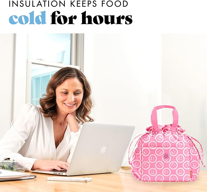 Fit & Fresh Lunch Bag For Women, Insulated Womens Lunch Bag For Work, Stain-Resistant Large Lunch Box For Women With Containers, Cinch Closure Cromwell Bag, All Smiles Fuchsia