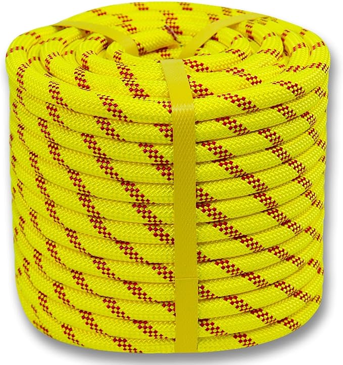 Double Braided Arborist Rope (1/2 in x 100 ft) Polyester Rope Bull Rope 48 Strands for Tree Work Climbing Pulling Swing Sailing, Fluorescent Yellow/Red