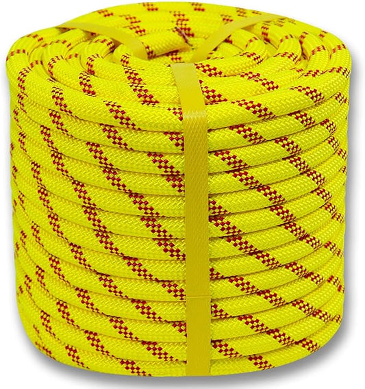 Double Braided Arborist Rope (1/2 in x 150 ft) Polyester Rope Bull Rope 48 Strands for Tree Work Climbing Pulling Swing Sailing, Fluorescent Yellow/Red