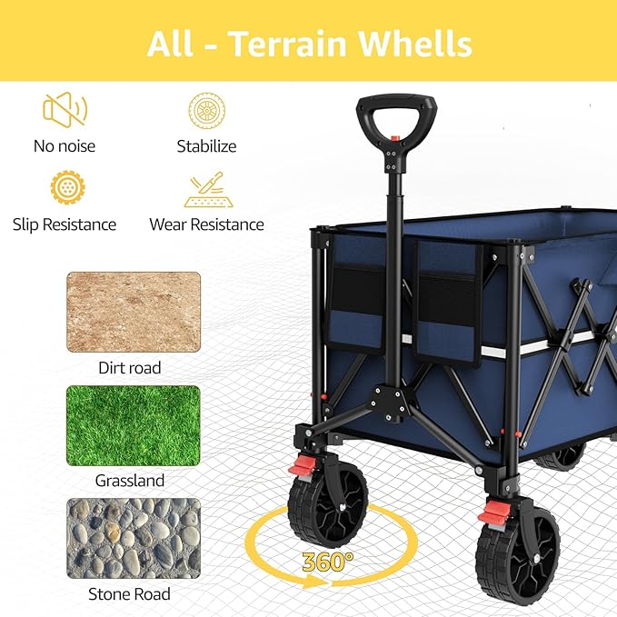 Navy Blue Folding Wagon Cart with Wheels Foldable - Collapsible Wagons Carts Heavy Duty, Fold Up Portable Utility Wagon for Grocery Beach Sports Fishing Camping Shopping