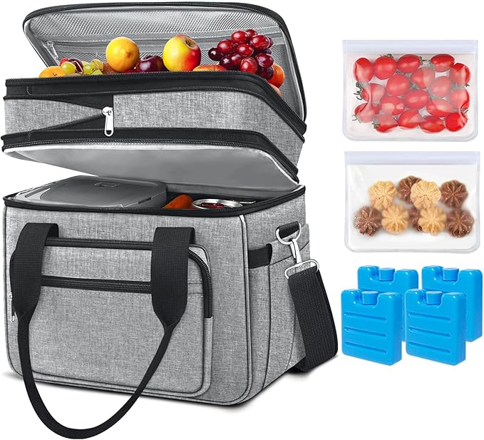 23L Extra Large Expandable Insulated Cooler Lunch Box for Men Double Deck Leakproof Heavy Duty Lunch Bag with 4 Ice Packs&2 Snack Bags for Adult/Construction/Women/Work/Picnic/Camping - Grey