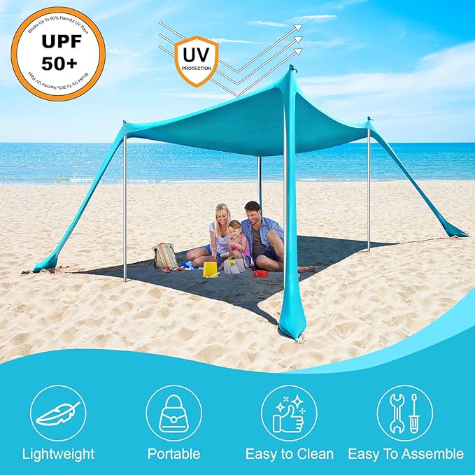 Beach Tent - 10 x 10 FT Beach Canopy, Portable Beach Tent Sun Shelter UPF50 with 4 Sandbags, Stability Poles Ground Pegs and Anti-Wind Ropes, Outdoor Beach Shade Canopy for Camping, Light Blue