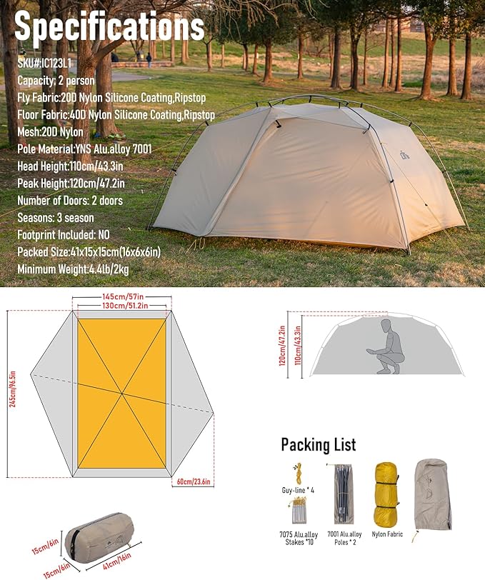 iClimb Ultralight 2 Person 3 Season Tent Waterproof for Outdoor Backpacking Camping Hiking Trekking Mountaineering