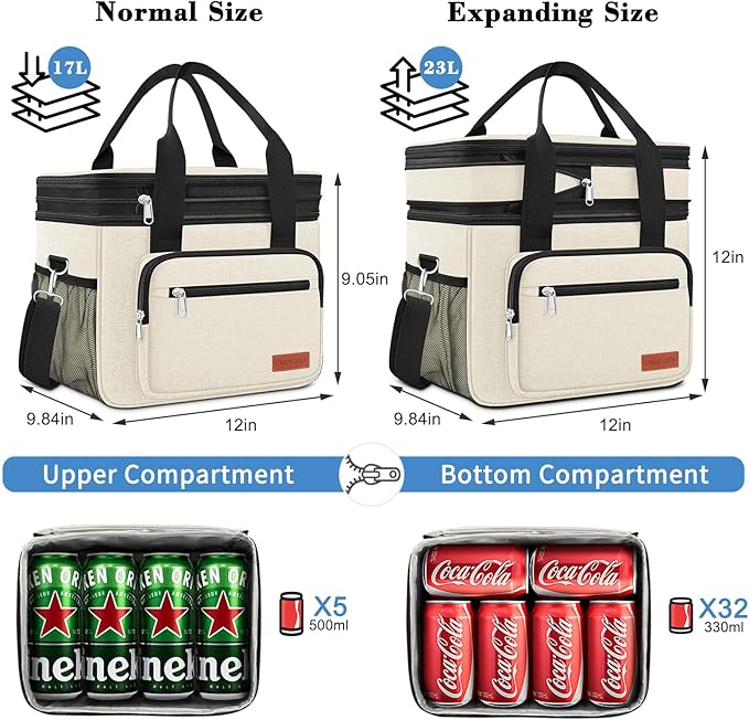 23L Extra Large Expandable Insulated Cooler Lunch Box for Men Double Deck Leakproof Heavy Duty Lunch Bag with 4 Ice Packs&2 Snack Bags for Adult/Construction/Women/Work/Picnic/Camping - Beige