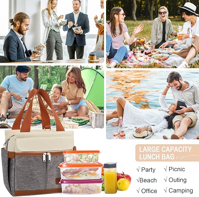 Joymee Lunch Box for Men Insulated Lunch Bag Women with Shoulder Strap Reusable Leakproof Large Spacious Lunch Cooler Tote for Women Adult with Bottle Holder and Side Pockets for Work - Brown