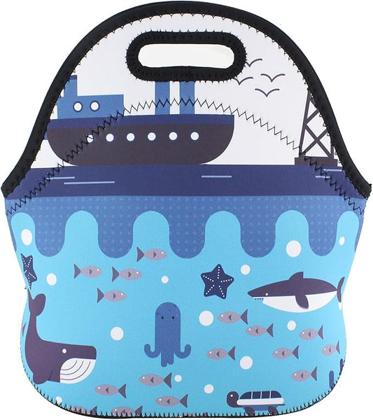 Violet Mist Cute Neoprene Lunch Bag, 11.42"L x 10.43"H x 5.51"W, Anmie Shark Cartoon Print, Lightweight, Eco-Friendly, Reusable, Thermal Insulated, Container for Outdoor Activities