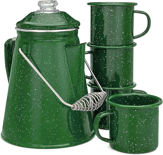COLETTI Classic Enamel Set Coffee Percolator & Mugs — The Most Nostalgic Camping Coffee Pot, Now Modernized [Green Enamel, 12 Cup Percolator Coffee Pot & Set of 4 Mugs]