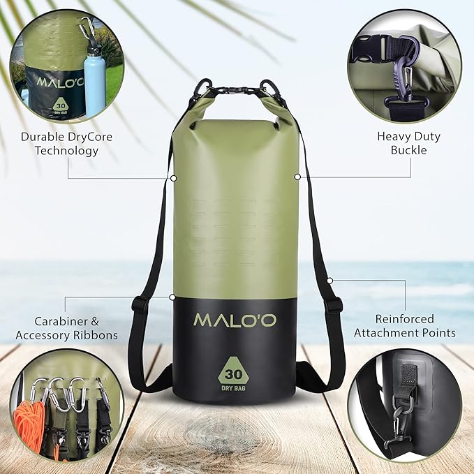 Malo’o 30L Heavy Duty 100% Waterproof Roll-Top Dry Bag Backpack – Keeps Gear Dry for Fishing, Rafting, Kayaking, Beach, Boating, Hiking, and Camping - Travel Safe - Easy To Use Dry Bag Backpack