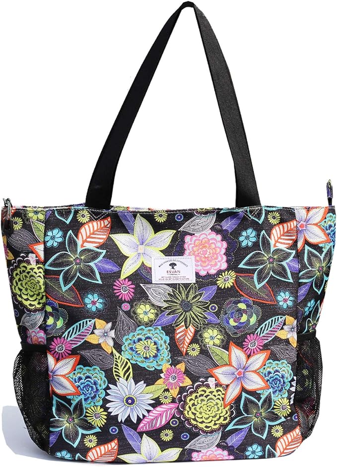ESVAN Original Floral Water Resistant Large Tote Bag Shoulder Bag for Gym Beach Travel Daily Bags Upgraded