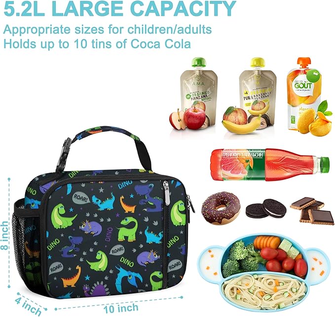 esouler Lunch Box Kids Insulated Lunch Bag for Boys & Girls Durable Children Lunchbox for School with Water Bottle Holder-Purple Dinosaur