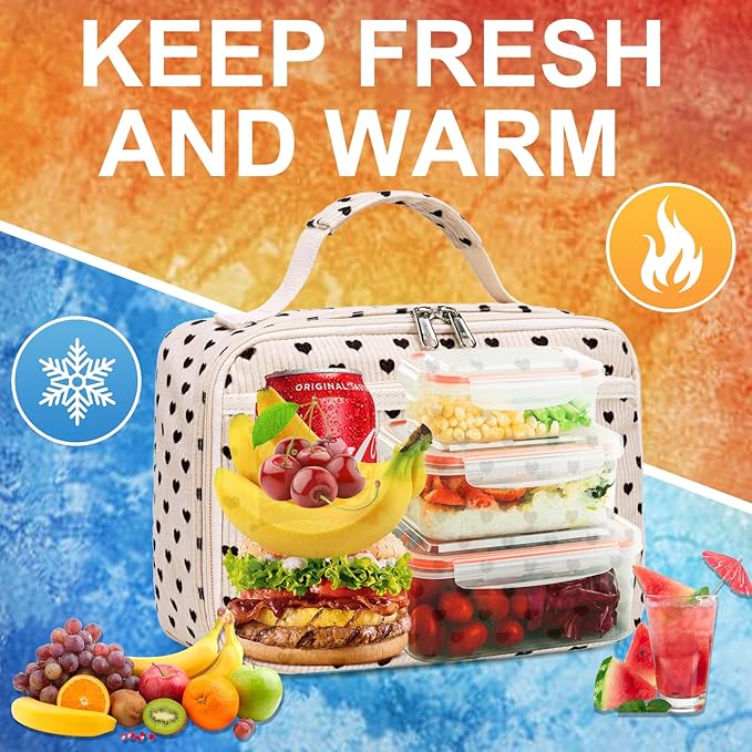 Kids Lunch Box Girls Corduroy Insulated Lunch Cooler Bag Reusable Lunch Tote Kit for School Travel(Heart)