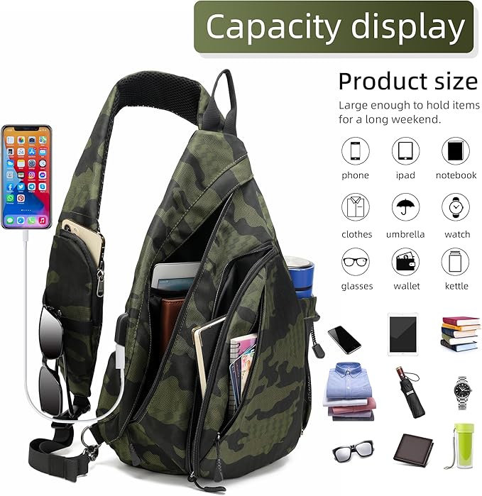 Water-Proof Sling bag/Crossbody Backpack/Shoulder Bag with USB Charging Port for Travel, Hiking, Cycling, Camping