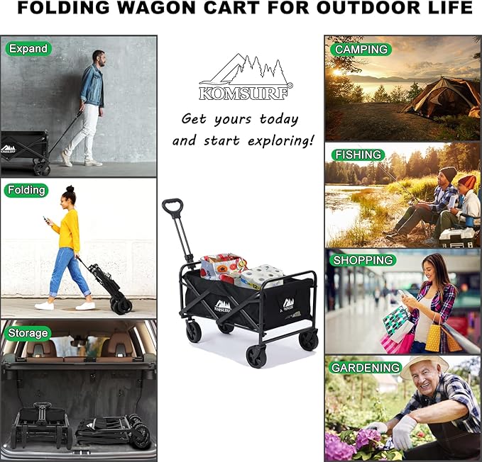 Foldable Utility Wagons Folding Cart on Wheels, Lightweight Portable Folding Utility with 200 lbs Capacity with Side Pockets for Grocery Shopping Cart for Grocery Sports Garden Camping