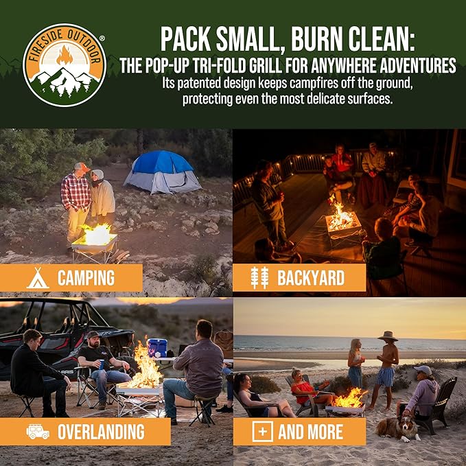 Fireside Outdoor Pop-Up Fire Pit Grilling Grate-Folding Grill Design for Outdoor Cooking, Portable Fire Pit Grill Grates, Camping Cooking, Foldable Campfire Grill Grate- Quad-Fold Folding Grill Grates